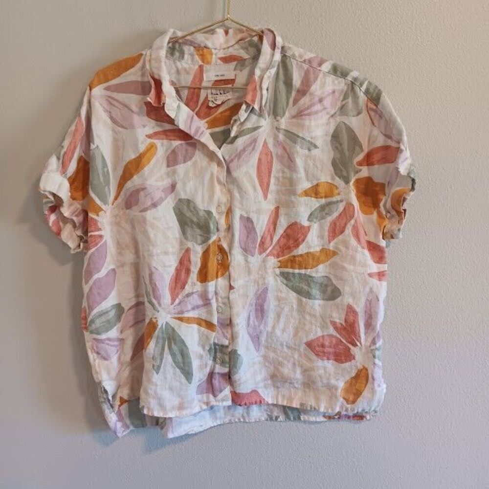 Nicole Miller Linen Women's L Large Multi Floral Button-up Short-Sleeved Blouse